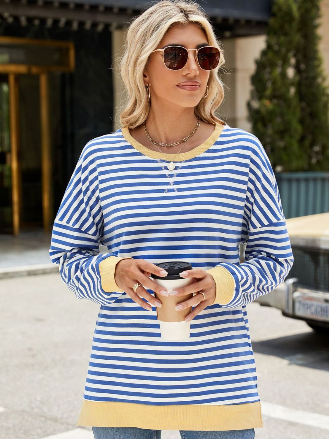 Slit Striped Round Neck Long Sleeve Sweatshirt -Blue