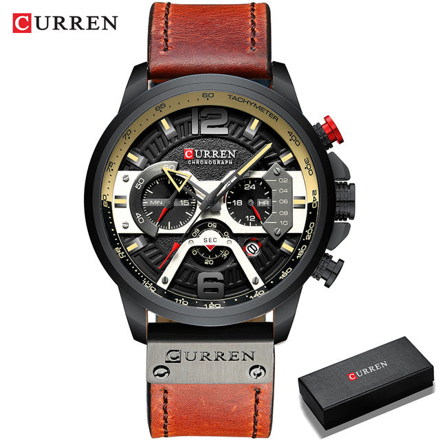 Men's Casual Sport Watch with chronograph function, seconds, minute, and 24-hour small dials, and a leather wristband.