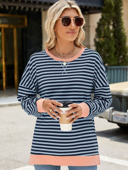 Slit Striped Round Neck Long Sleeve Sweatshirt -Peacock Blue