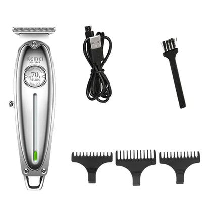 Picture of a silver men's hair trimmer with accessories