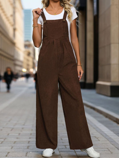 Square Neck Wide Strap Overalls featuring a buttoned and pocketed design, made from 100% polyester. Available in sizes S to XL, offering a stylish and comfortable fit.