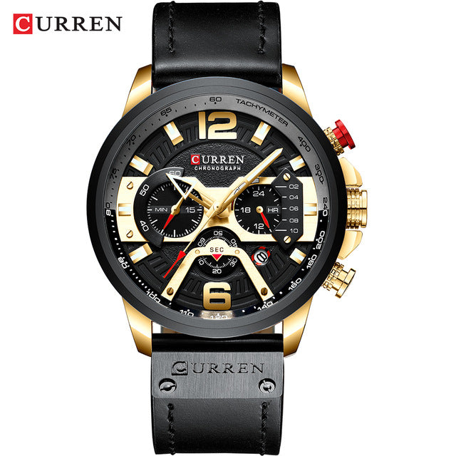 Men's Casual Sport Watch with chronograph function, seconds, minute, and 24-hour small dials, and a leather wristband.