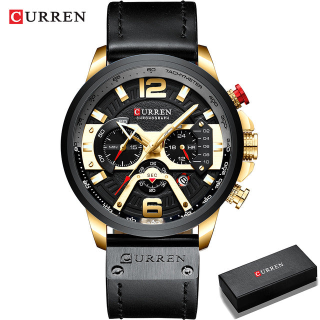 Men's Casual Sport Watch with chronograph function, seconds, minute, and 24-hour small dials, and a leather wristband.