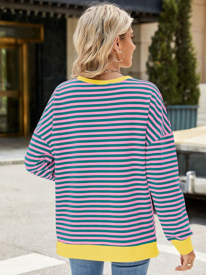 Slit Striped Round Neck Long Sleeve Sweatshirt - Pink