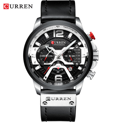 Men's Casual Sport Watch with chronograph function, seconds, minute, and 24-hour small dials, and a leather wristband.