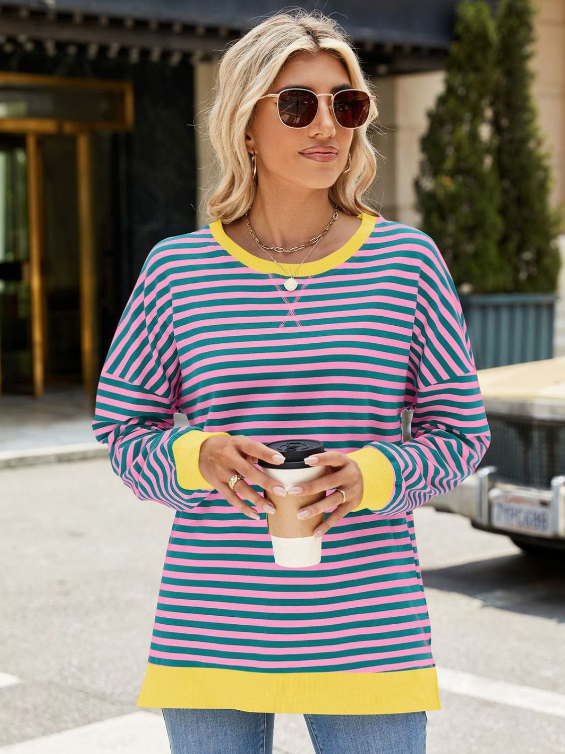 Slit Striped Round Neck Long Sleeve Sweatshirt - Pink