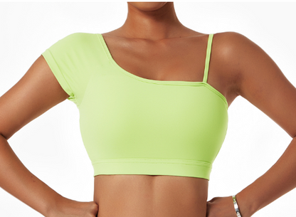  Summer Sexy Oblique Shoulder Yoga Top with asymmetrical design, irregular straps, and push-up feature for style and support. Lightweight and breathable fabric.