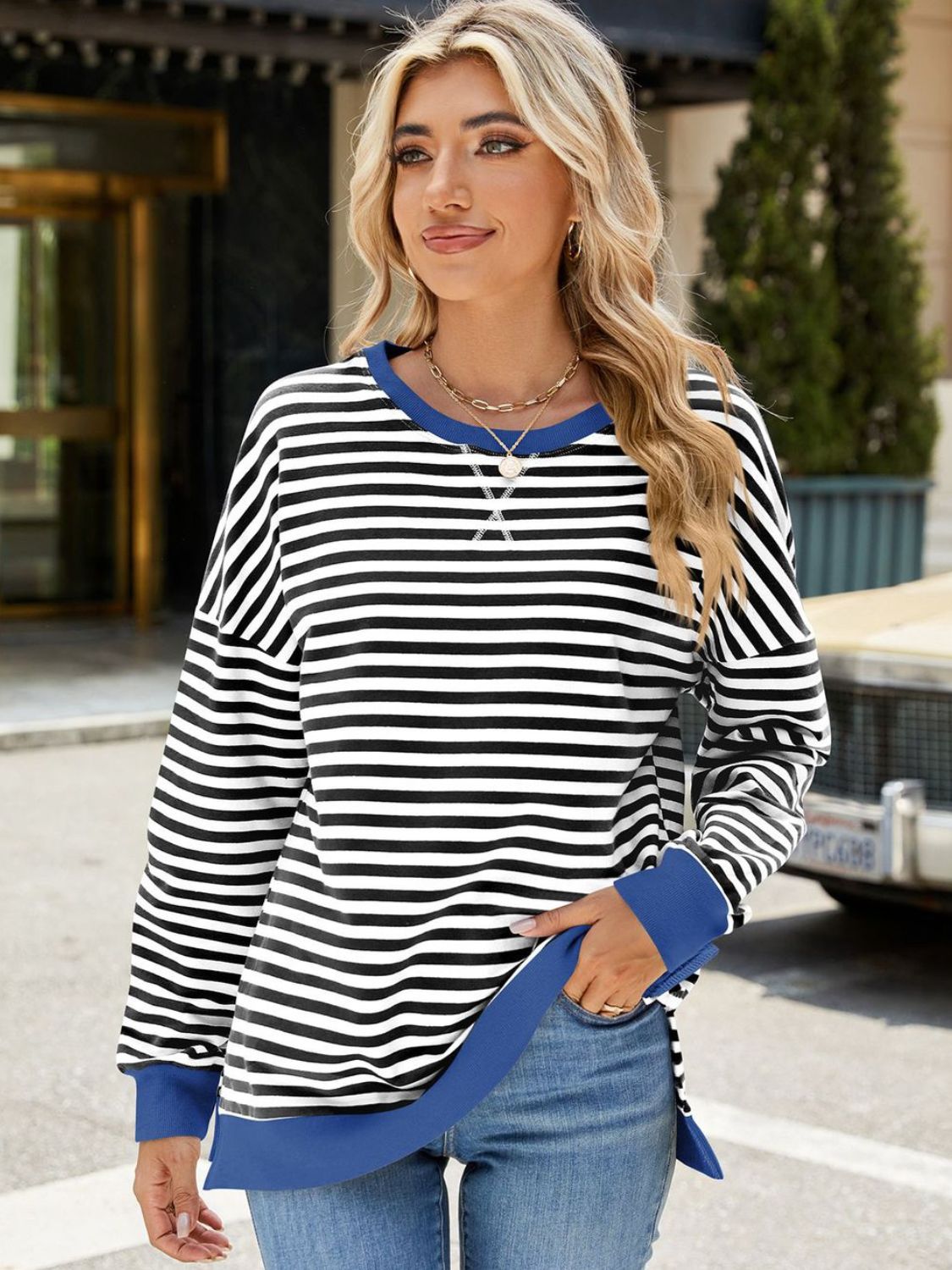 Slit Striped Round Neck Long Sleeve Sweatshirt -Blue