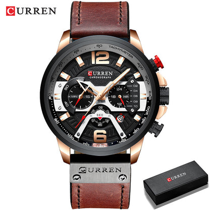 Men's Casual Sport Watch with chronograph function, seconds, minute, and 24-hour small dials, and a leather wristband.