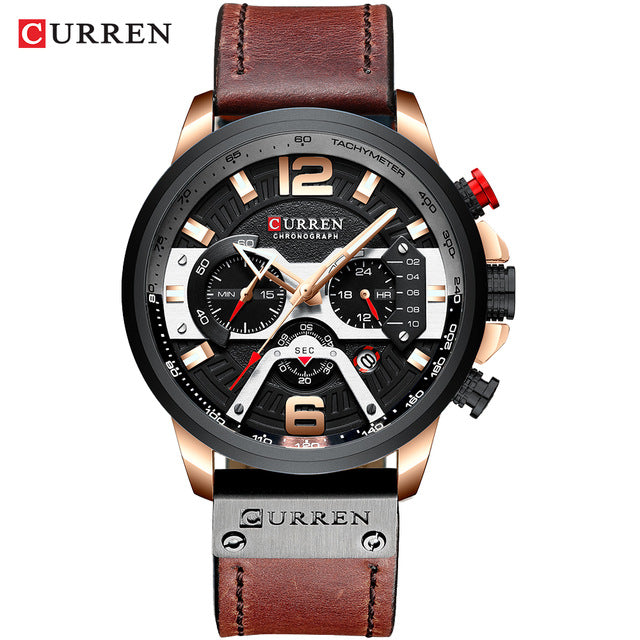 Men's Casual Sport Watch with chronograph function, seconds, minute, and 24-hour small dials, and a leather wristband.