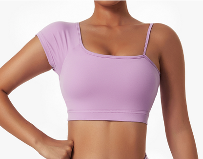  Summer Sexy Oblique Shoulder Yoga Top with asymmetrical design, irregular straps, and push-up feature for style and support. Lightweight and breathable fabric.