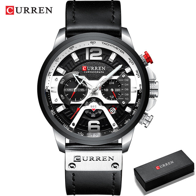 Men's Casual Sport Watch with chronograph function, seconds, minute, and 24-hour small dials, and a leather wristband.