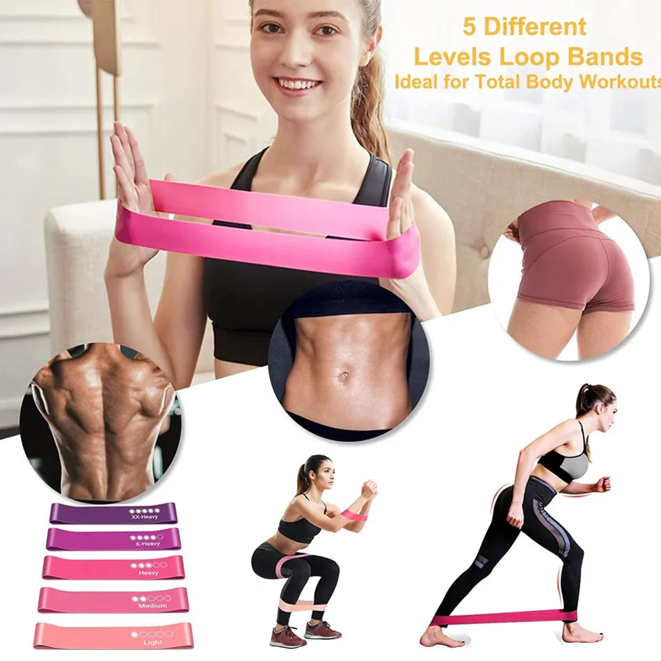 Elastic gym fitness bands in various resistance levels, perfect for strength training, flexibility, and endurance exercises.