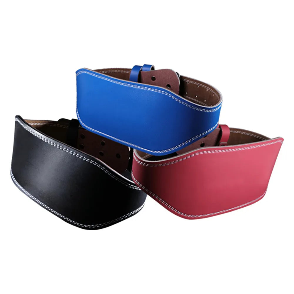 A-Grade leather weightlifting belt with a high-gloss, wrinkle-free finish, double-stitching, dual-pronged buckle, and soft suede backing for durability, support, and comfort