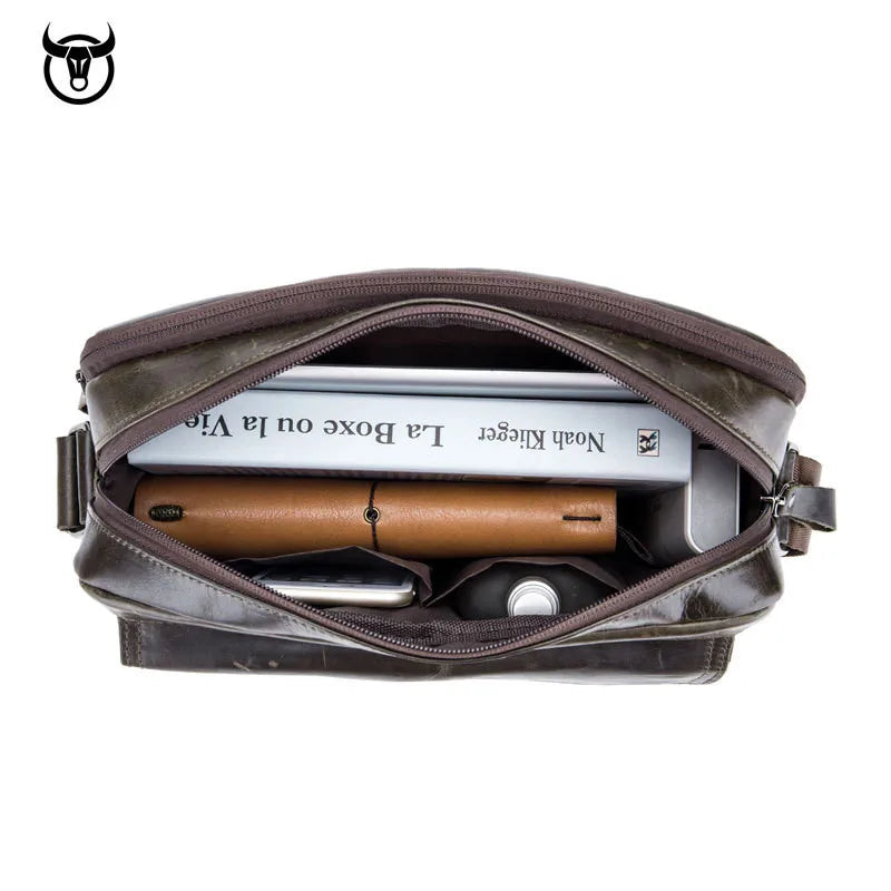 This genuine leather briefcase by Bull Captain is a stylish and functional accessory designed to carry and organize daily essentials in a professional setting