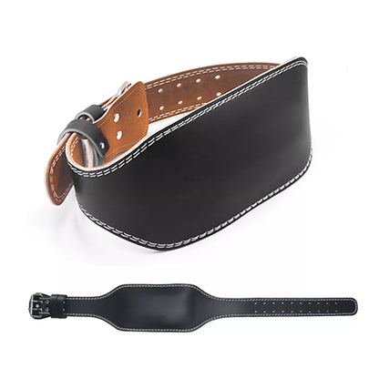 A-Grade leather weightlifting belt with a high-gloss, wrinkle-free finish, double-stitching, dual-pronged buckle, and soft suede backing for durability, support, and comfort