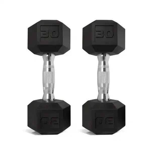 Coated hex dumbbells with steel, diamond knurled handles and protective coating. Hex-shaped heads prevent rolling and allow for easy storage. Ideal for exercising all major muscle groups.