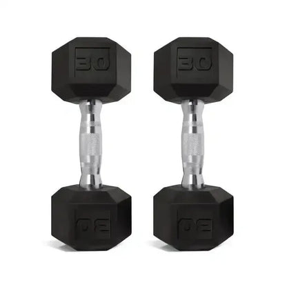 Coated hex dumbbells with steel, diamond knurled handles and protective coating. Hex-shaped heads prevent rolling and allow for easy storage. Ideal for exercising all major muscle groups.