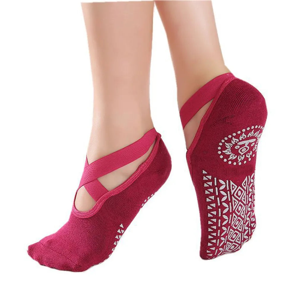 Anti-slip yoga socks made from soft, sweat-absorbent cotton with a high-elasticity design for a snug, comfortable fit.