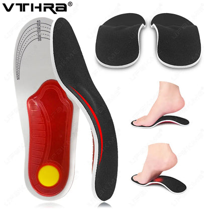 Orthopedic Arch Support Insoles made of memory foam and nylon, available in SMALL and LARGE sizes, with a mesh top for odor prevention and full support for flat feet, suitable for hiking, climbing, and running.