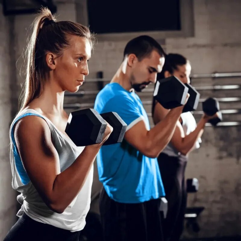 Coated hex dumbbells with steel, diamond knurled handles and protective coating. Hex-shaped heads prevent rolling and allow for easy storage. Ideal for exercising all major muscle groups.