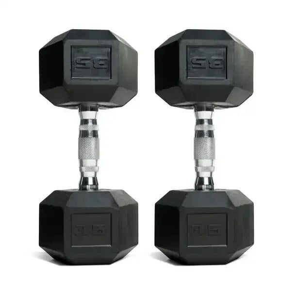 Coated hex dumbbells with steel, diamond knurled handles and protective coating. Hex-shaped heads prevent rolling and allow for easy storage. Ideal for exercising all major muscle groups.