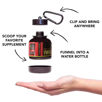 Portable Protein Powder Bottle with keychain attachment, built-in funnel, and medicine box, designed for storing and mixing protein powder and supplements, ideal for camping and outdoor activities. 