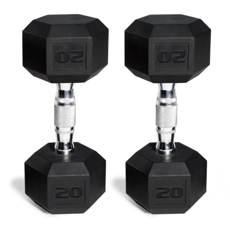 Coated hex dumbbells with steel, diamond knurled handles and protective coating. Hex-shaped heads prevent rolling and allow for easy storage. Ideal for exercising all major muscle groups.