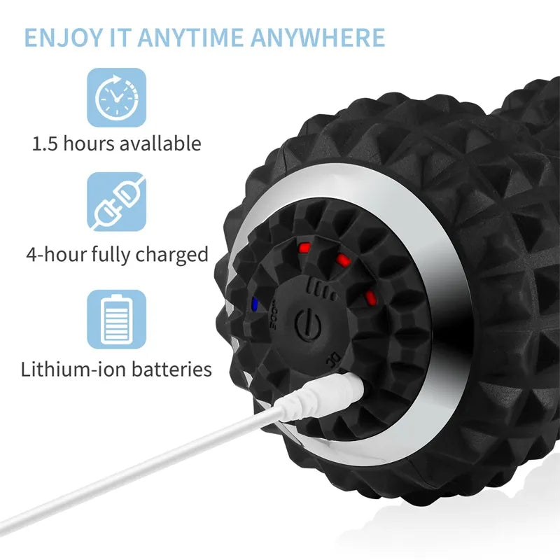 Professional Electric Massage Ball with 4 vibration levels, textured surfaces for deep tissue therapy, improves blood flow, prevents muscle soreness, and speeds up recovery. Includes USB charging cable and manual.