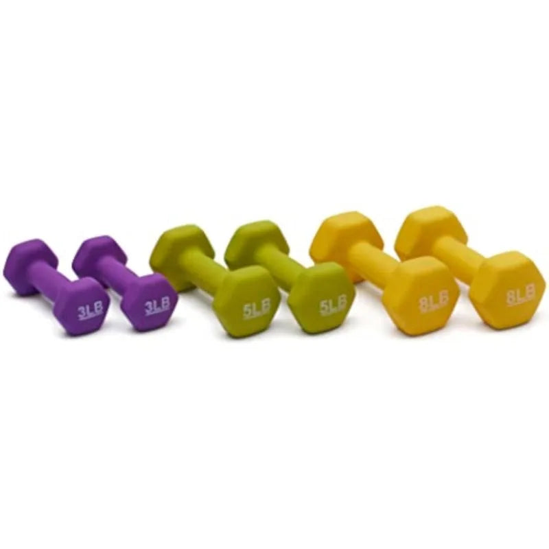 Dumbbells for exercise and strength training with an easy-to-assemble storage stand. Neoprene coating in multiple colors for durability. Hexagon-shaped ends prevent rolling, and the nonslip grip ensures a secure hold.