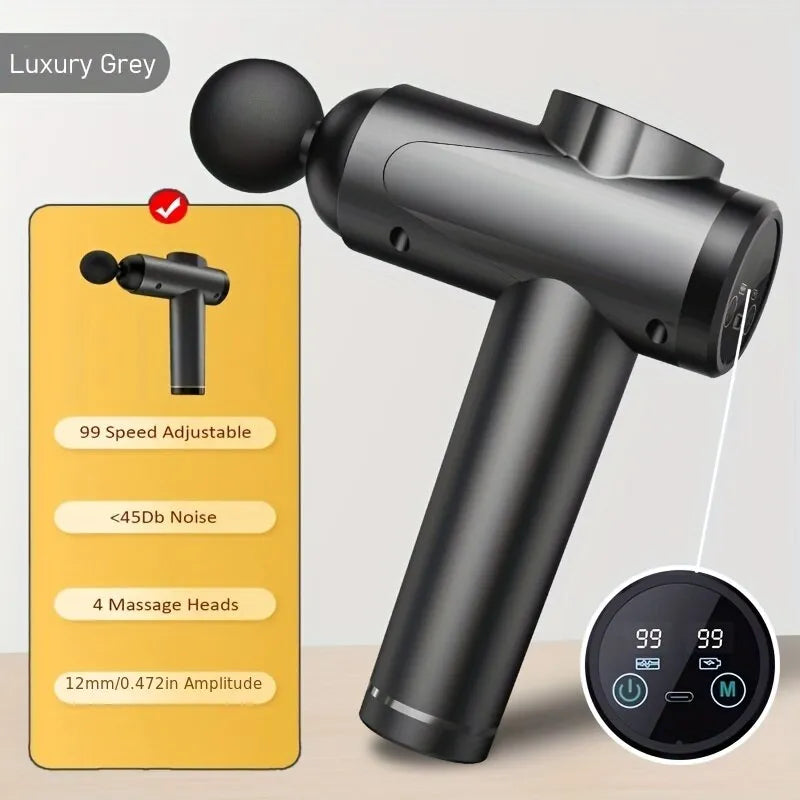 Deep Tissue Massage Gun with portable design, targeting muscles and fascia for relaxation and tension relief. Suitable for use on neck, back, and legs, with USB charging for convenience.