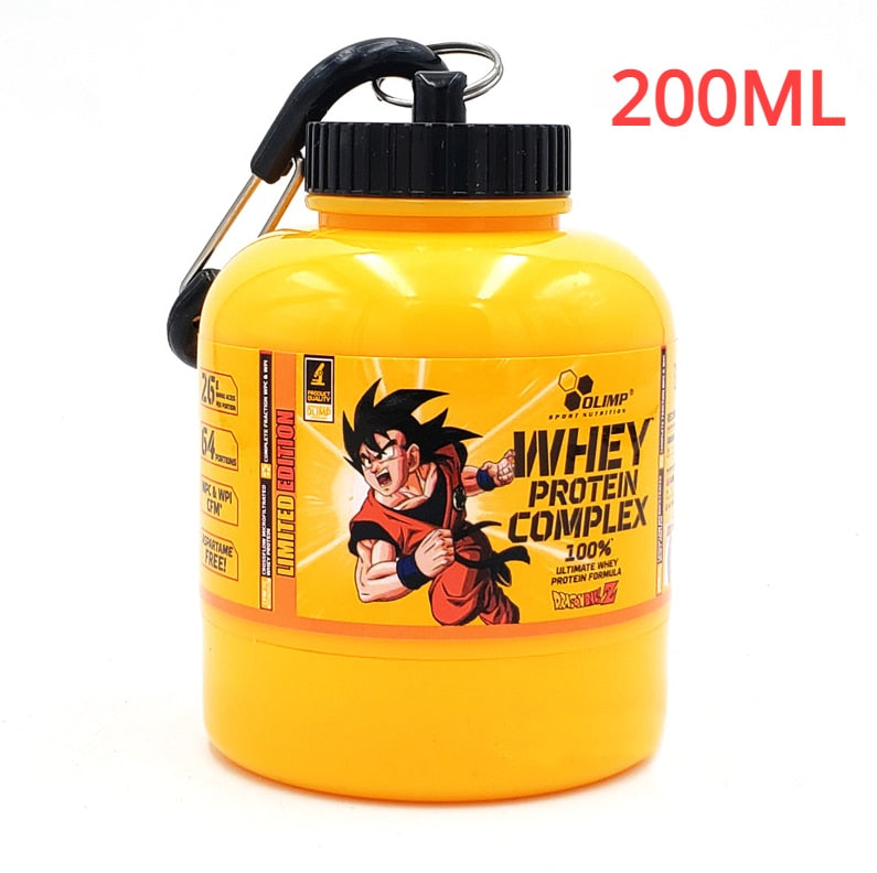 Portable Protein Powder Bottle with keychain attachment, built-in funnel, and medicine box, designed for storing and mixing protein powder and supplements, ideal for camping and outdoor activities. 