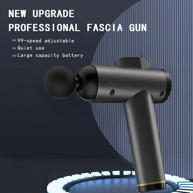 Deep Tissue Massage Gun with portable design, targeting muscles and fascia for relaxation and tension relief. Suitable for use on neck, back, and legs, with USB charging for convenience.