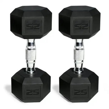 Coated hex dumbbells with steel, diamond knurled handles and protective coating. Hex-shaped heads prevent rolling and allow for easy storage. Ideal for exercising all major muscle groups.