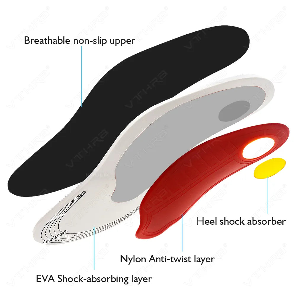 Orthopedic Arch Support Insoles made of memory foam and nylon, available in SMALL and LARGE sizes, with a mesh top for odor prevention and full support for flat feet, suitable for hiking, climbing, and running.