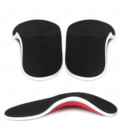 Orthopedic Arch Support Insoles made of memory foam and nylon, available in SMALL and LARGE sizes, with a mesh top for odor prevention and full support for flat feet, suitable for hiking, climbing, and running.