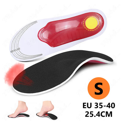 Orthopedic Arch Support Insoles made of memory foam and nylon, available in SMALL and LARGE sizes, with a mesh top for odor prevention and full support for flat feet, suitable for hiking, climbing, and running.