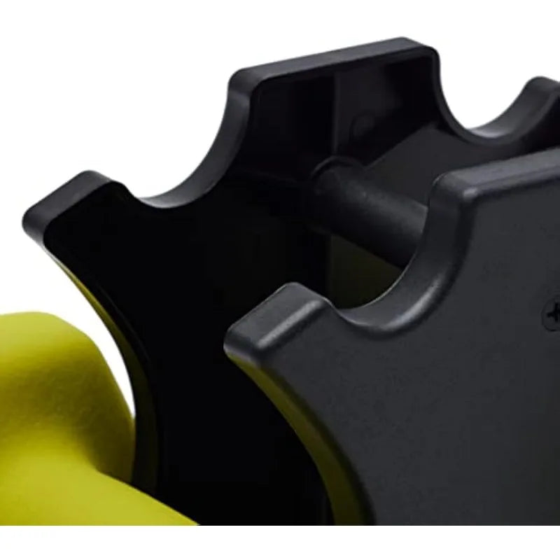 Dumbbells for exercise and strength training with an easy-to-assemble storage stand. Neoprene coating in multiple colors for durability. Hexagon-shaped ends prevent rolling, and the nonslip grip ensures a secure hold.