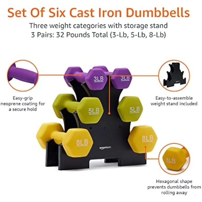 Dumbbells for exercise and strength training with an easy-to-assemble storage stand. Neoprene coating in multiple colors for durability. Hexagon-shaped ends prevent rolling, and the nonslip grip ensures a secure hold.