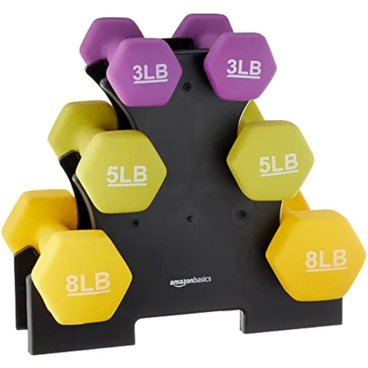 Dumbbells for exercise and strength training with an easy-to-assemble storage stand. Neoprene coating in multiple colors for durability. Hexagon-shaped ends prevent rolling, and the nonslip grip ensures a secure hold.