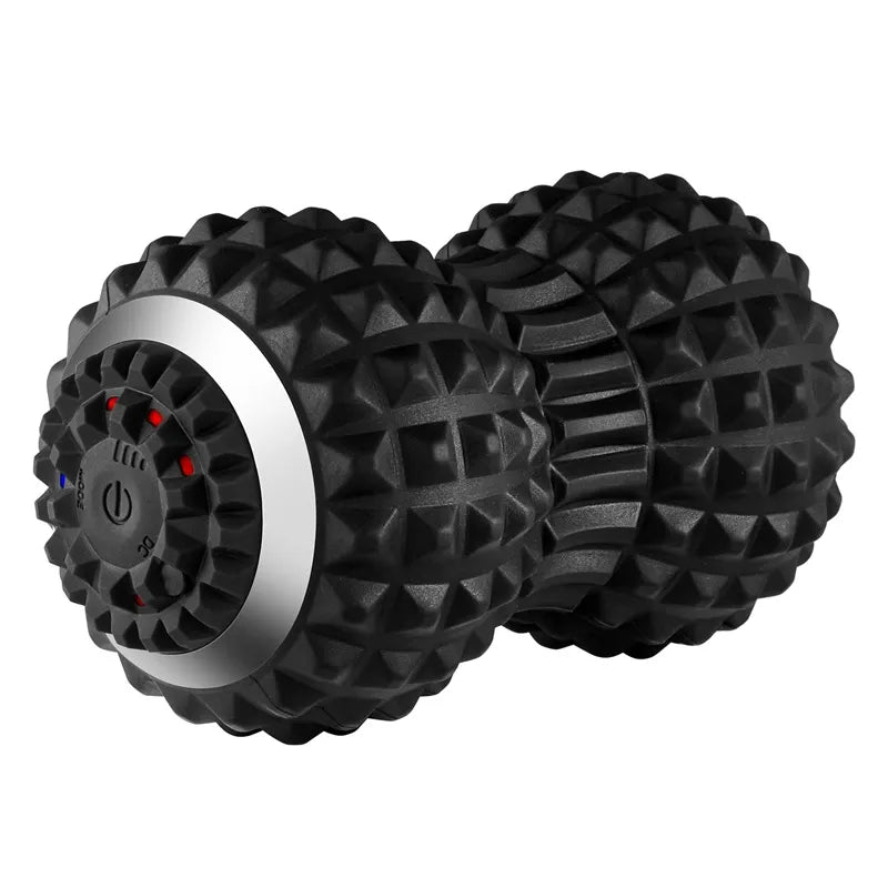 Professional Electric Massage Ball with 4 vibration levels, textured surfaces for deep tissue therapy, improves blood flow, prevents muscle soreness, and speeds up recovery. Includes USB charging cable and manual.