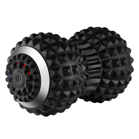 Professional Electric Massage Ball with 4 vibration levels, textured surfaces for deep tissue therapy, improves blood flow, prevents muscle soreness, and speeds up recovery. Includes USB charging cable and manual.