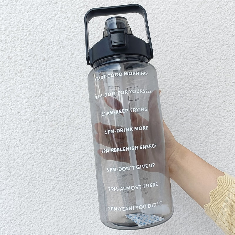 2-liter sports water bottle with motivational time markers for easy hydration tracking, ideal for sports and outdoor activities