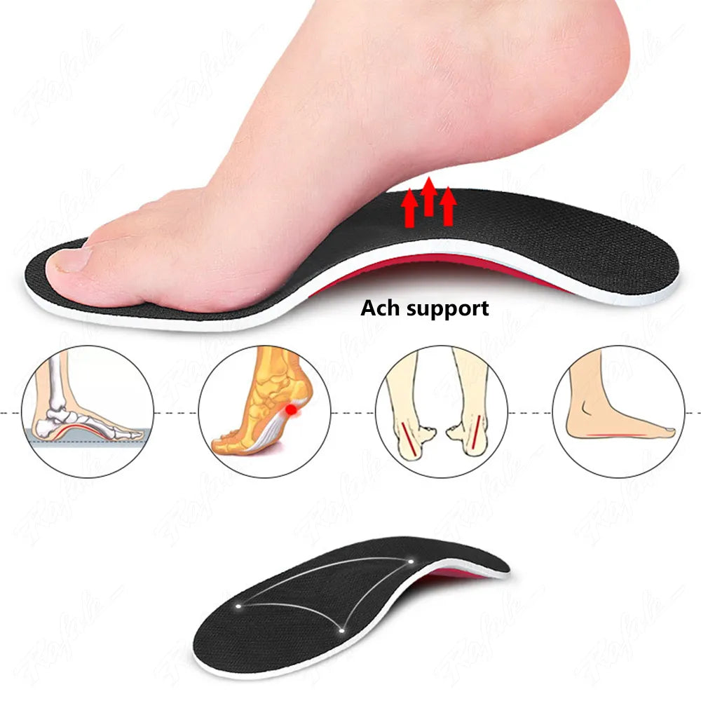 Orthopedic Arch Support Insoles made of memory foam and nylon, available in SMALL and LARGE sizes, with a mesh top for odor prevention and full support for flat feet, suitable for hiking, climbing, and running.