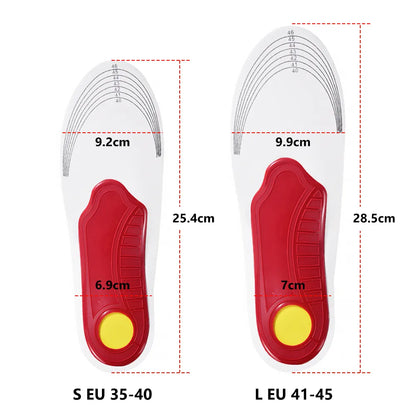 Orthopedic Arch Support Insoles made of memory foam and nylon, available in SMALL and LARGE sizes, with a mesh top for odor prevention and full support for flat feet, suitable for hiking, climbing, and running.