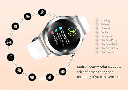 Women's IP68 waterproof smartwatch: stylish, durable, fitness tracker, and connected for all activities.