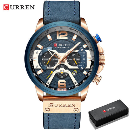 Men's Casual Sport Watch with chronograph function, seconds, minute, and 24-hour small dials, and a leather wristband.