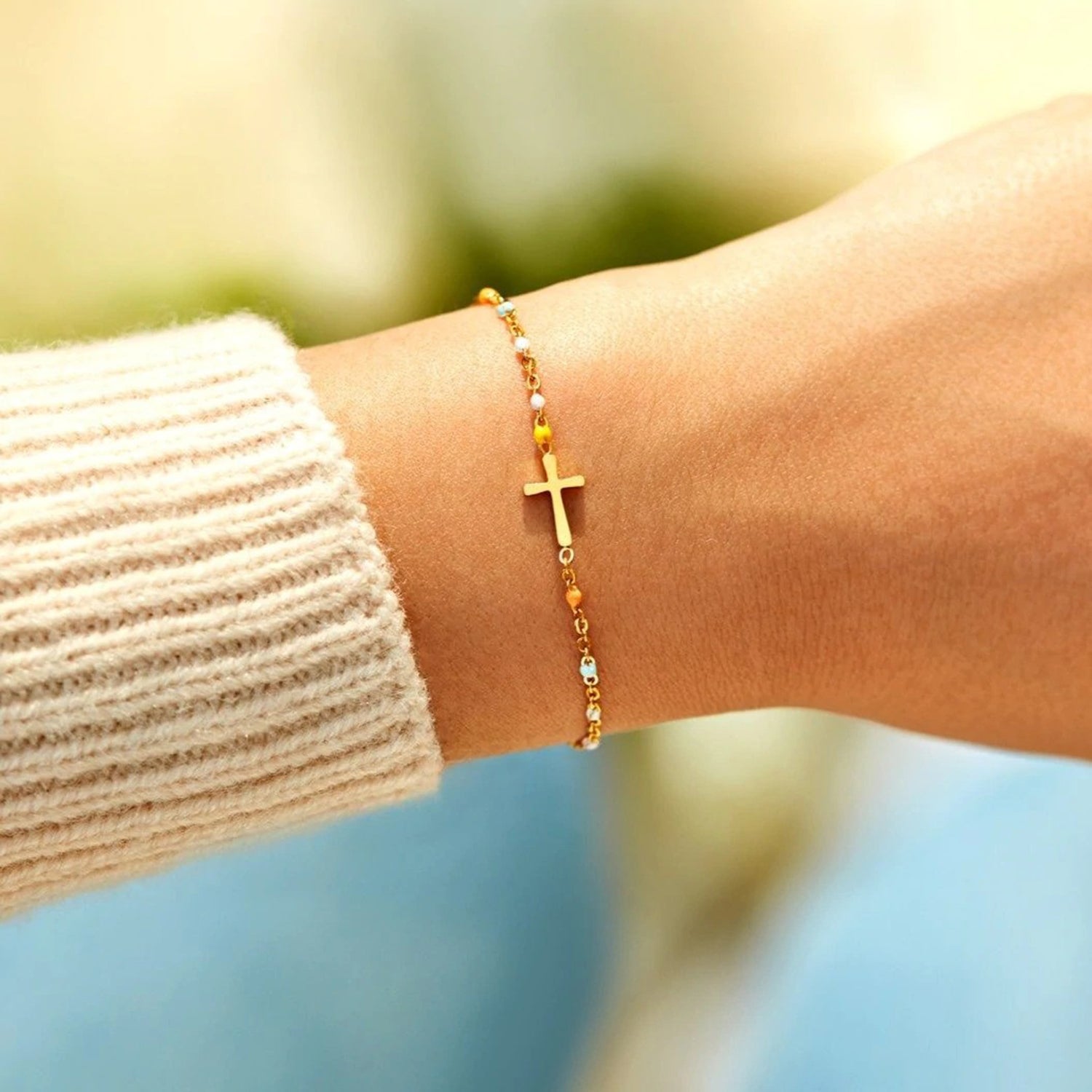 Gold plated cross bead bracelet