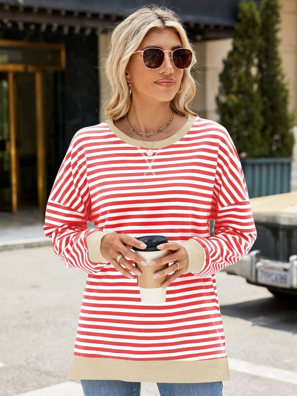 Slit Striped Round Neck Long Sleeve Sweatshirt -Red