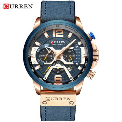 Men's Casual Sport Watch with chronograph function, seconds, minute, and 24-hour small dials, and a leather wristband.